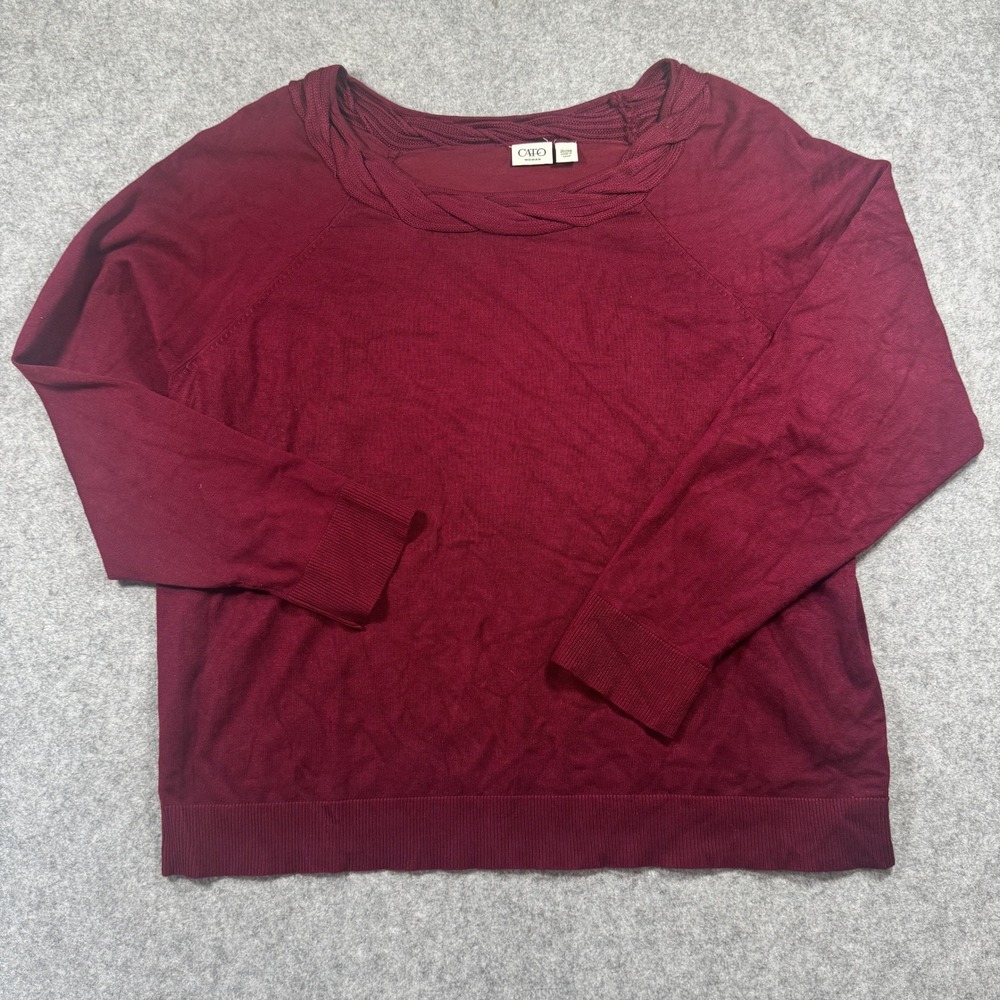 Cato Braided Neckline Knit Sweater 26/28W Burgundy‎ Solid Long Sleeve